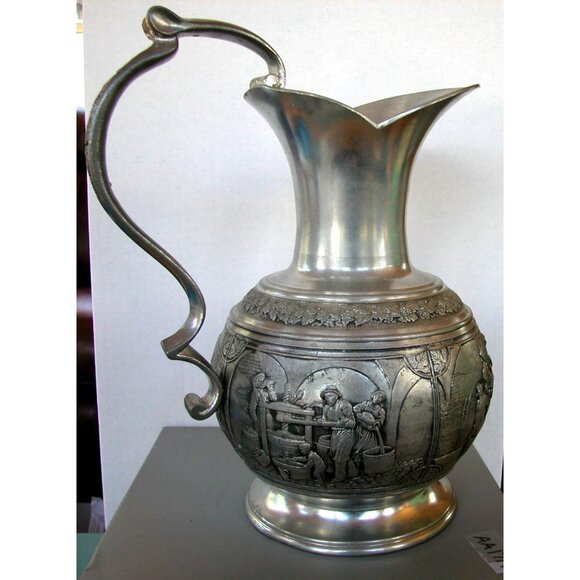 Antique Arzberg Zinn 95% Pewter Embossed Pitcher Jug Vase With Handle - Picture 2 of 15